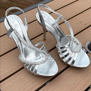 De Blossom Collection Shimmering Silver Heels Rhinestone Straps 3” spike